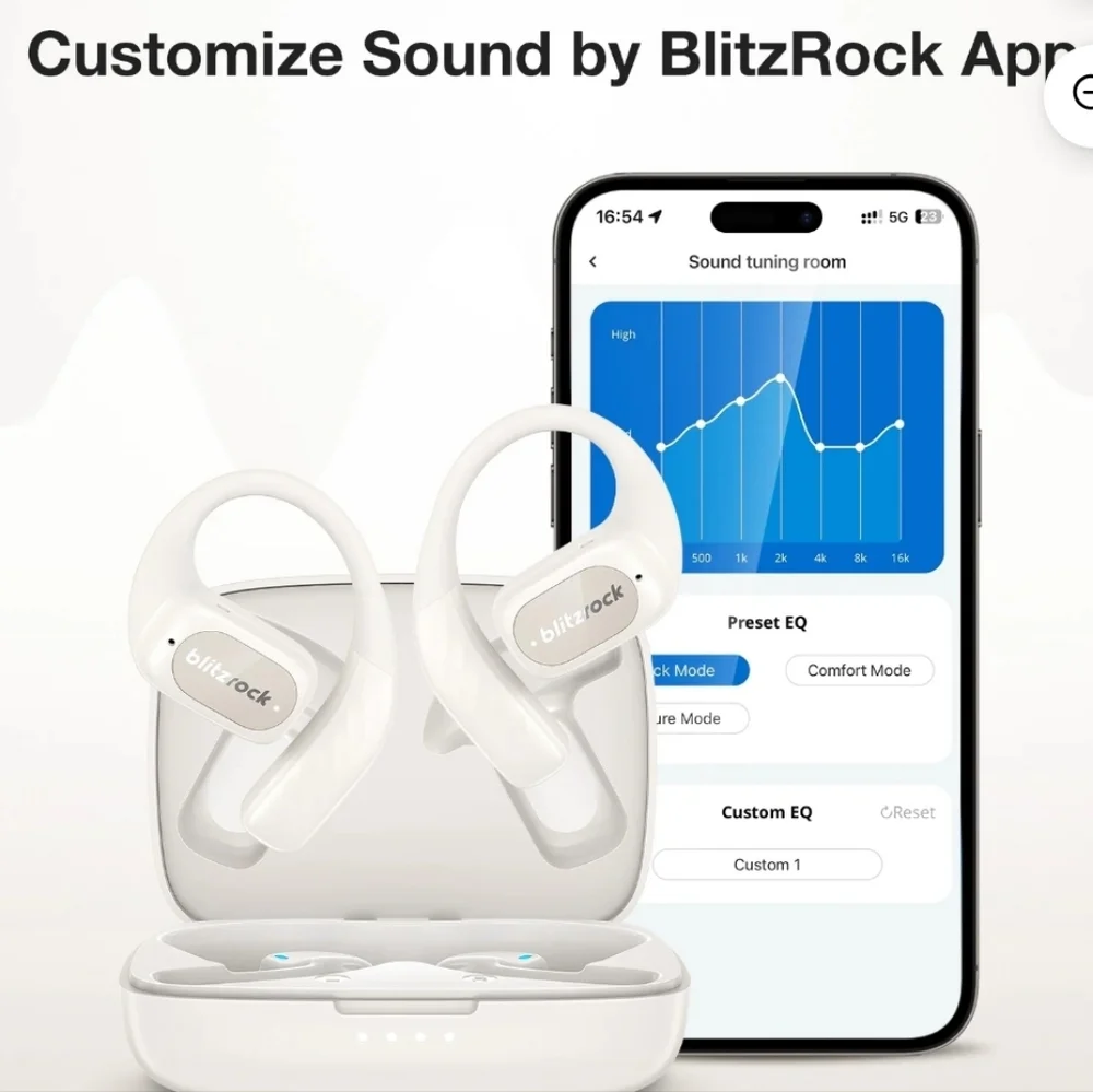 BlitzRock Open Ear Wireless Earbuds, APP Support, Deep Bass, Bluetooth V5.4 Head